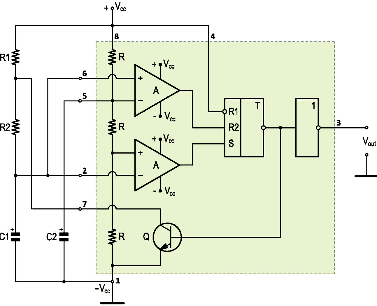 Generator circuit based on IC 555 with external elements