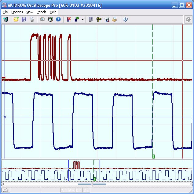 Example of the third pulse synchronization triggering on 2 channel after the edge detection on 1 channel and a delay of 10 ms