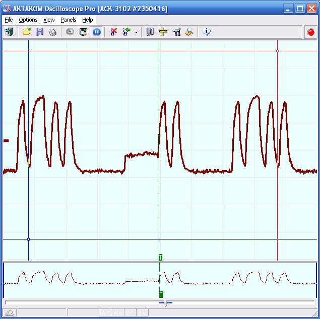 El modo de búsqueda de un pulso con una duración de borde especificada del osciloscopio digital basado en PC AKTAKOM ACK-3102 1T